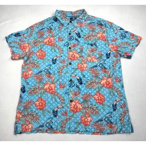 Havana Jim Mens Large Toucan Hibiscus Tropical Rayon Button Down Shirt Blue L